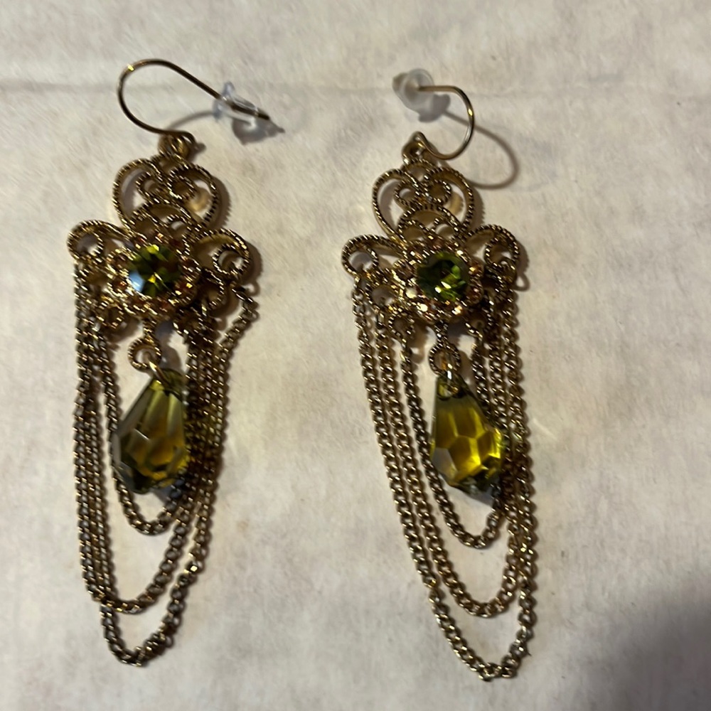 Peridot Crystal Chains Antique Gold Earrings